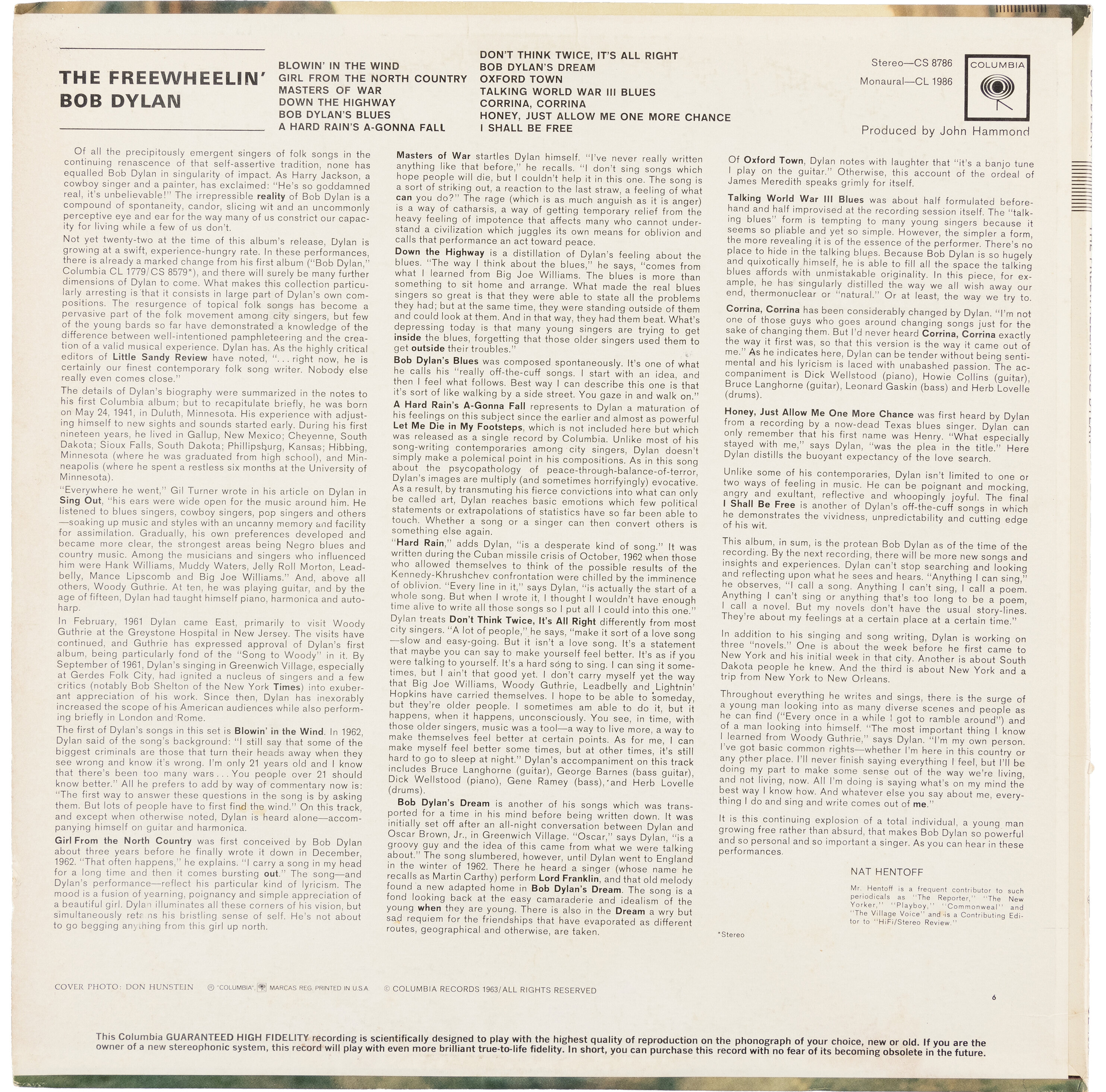 The Freewheelin Bob Dylan Album back